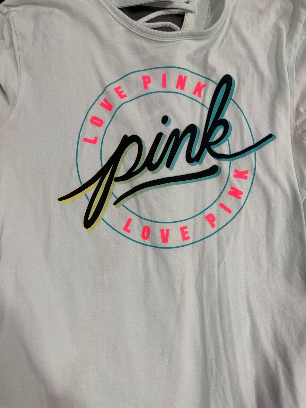 PINK Victoria's Secret White Tee with Neon Pink & Teal Logo